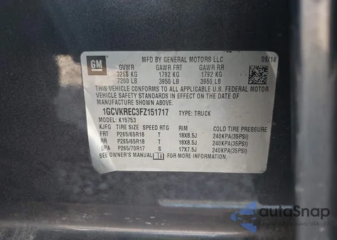 2015 Chevrolet Silverado K1500 Lt z USA, uszkodzony, nr VIN 1GCVKREC3FZ151717